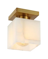 Jonathan Y Alessia 5" 1-Light Modern Contemporary Alabaster/Iron Cube Led Semi Flush Mount, White Marbling/Brass Gold
