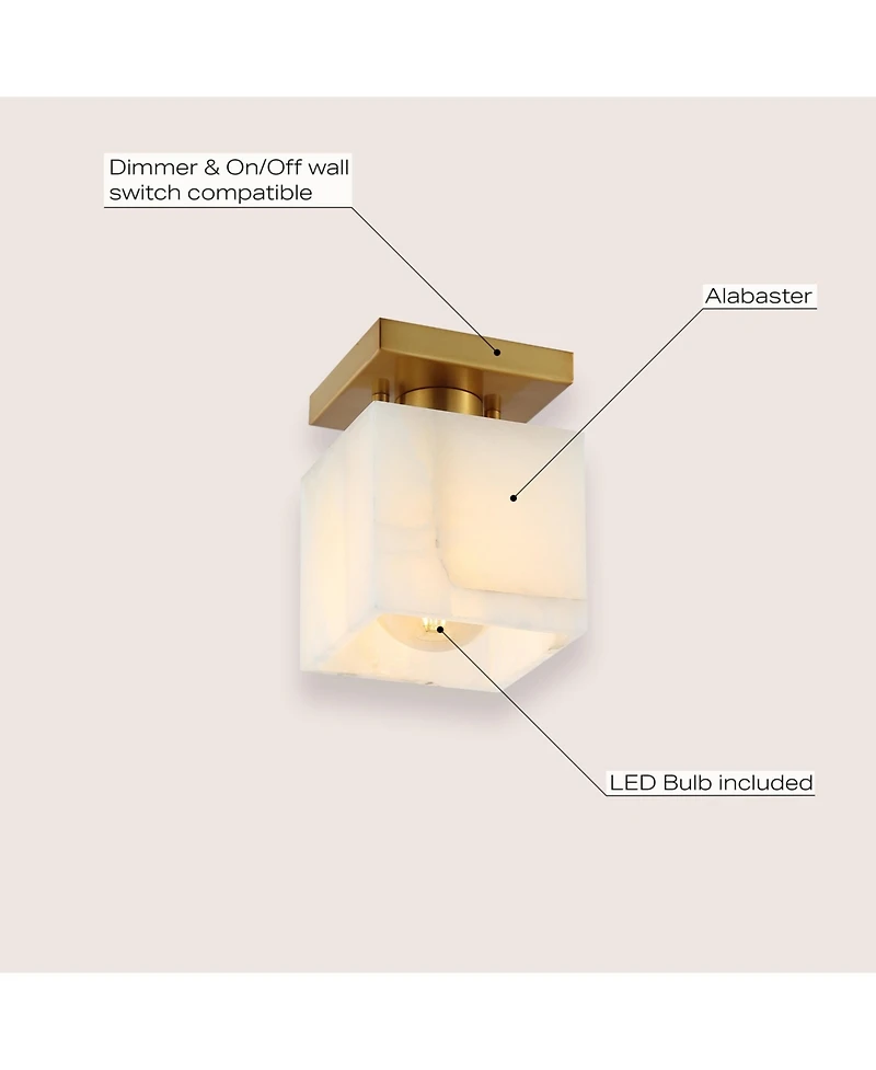 Jonathan Y Alessia 5" 1-Light Modern Contemporary Alabaster/Iron Cube Led Semi Flush Mount, White Marbling/Brass Gold