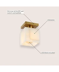 Jonathan Y Alessia 5" 1-Light Modern Contemporary Alabaster/Iron Cube Led Semi Flush Mount, White Marbling/Brass Gold
