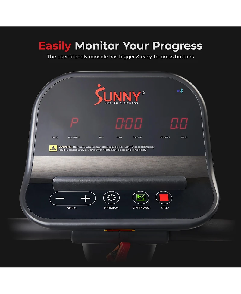 Sunny Health & Fitness Endurance Cardio Running Walking Treadmill with Extended Safety Handrails, Low Wide Deck and SunnyFit App Bluetooth Connectivit