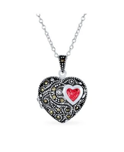 Bling Jewelry Marcasite Genuine Red Garnet Antiqued Style Filigree Aromatherapy Perfume Diffuser Heart Shape Locket Necklace For Women Rose Gold .925 Sterling Silver