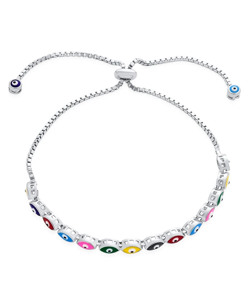 Bling Jewelry Round Shape Spiritual Protection Thin Layering Navy Blue Evil Eye Bolo Slide Style Bracelet .925 Sterling Silver Adjustable