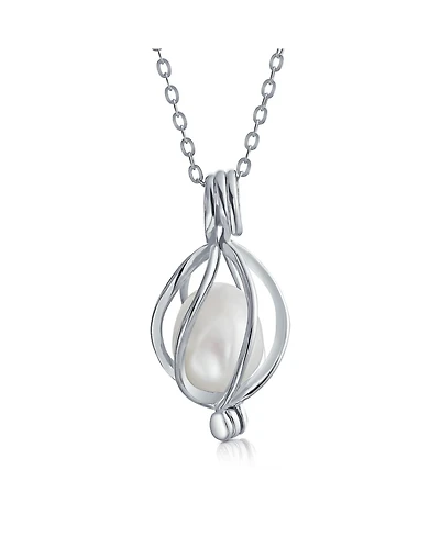 Bling Jewelry Teardrop White Freshwater Cultured Pearl Bird Caged Pendant Necklace Sterling Silver