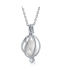 Bling Jewelry Teardrop White Freshwater Cultured Pearl Bird Caged Pendant Necklace Sterling Silver