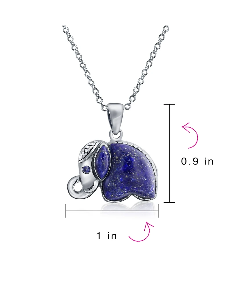 Bling Jewelry Bali Style Tribal Longevity Blue Natural Lapis Lazuli Indian Elephant Pendant Necklace Oxidized Sterling Silver