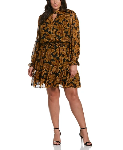 Ella Rafaella Plus Metallic Leaves Print Long Sleeve Dress