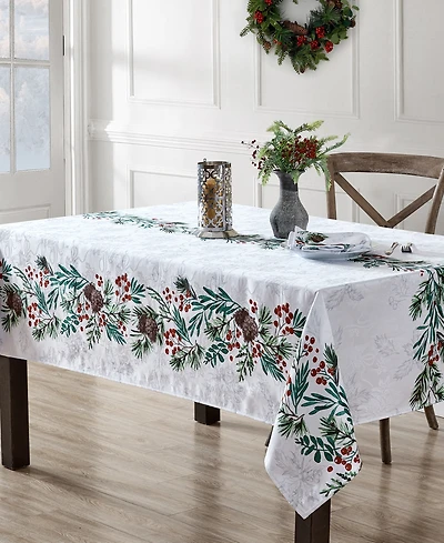 Elrene Holly Berry Flourish Holiday Fabric Rectangle Tablecloth, 102"x 60"