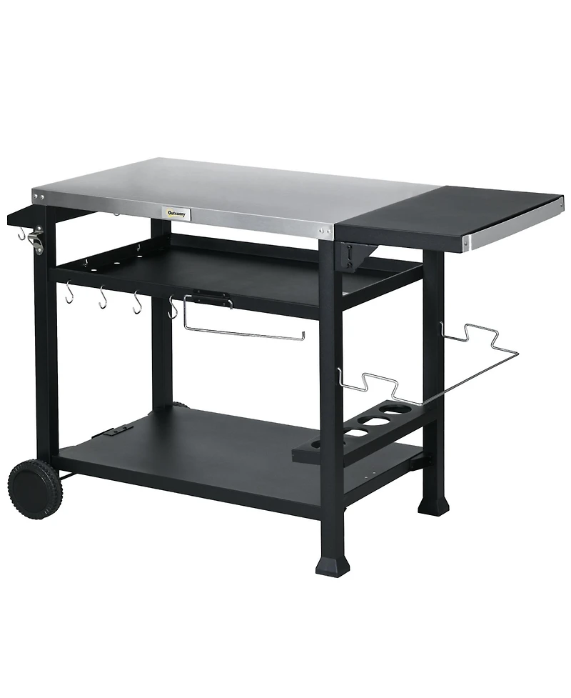Outsunny Movable Stainless Steel 3-Shelf Outdoor Grill Cart w/ Side Table