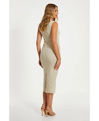 Quiz Women's Bengaline Round Neck Ruched Waist Midi Dress