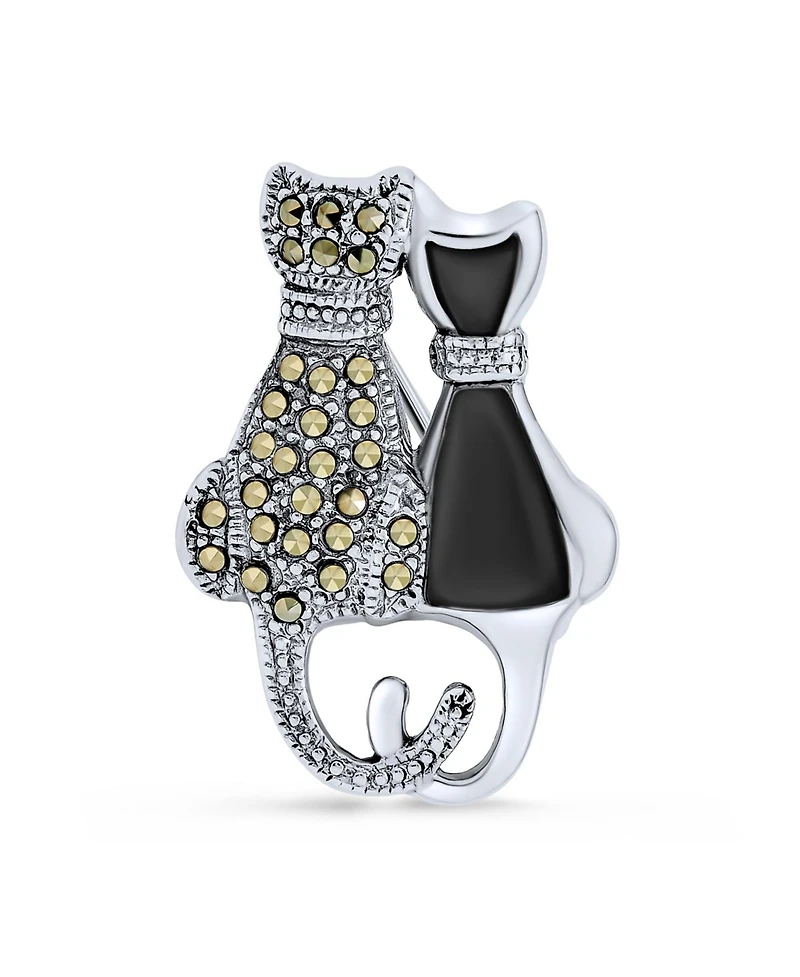 Bling Jewelry Black And White Marcasite Two Cute Sitting Cat Kitten Kitty Brooch Pin For Women .925 Sterling Silver Black Onyx
