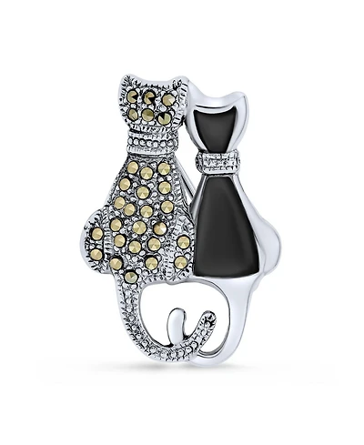 Bling Jewelry Black And White Marcasite Two Cute Sitting Cat Kitten Kitty Brooch Pin For Women .925 Sterling Silver Black Onyx