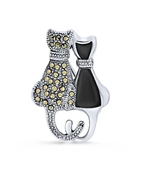 Bling Jewelry Black And White Marcasite Two Cute Sitting Cat Kitten Kitty Brooch Pin For Women .925 Sterling Silver Black Onyx