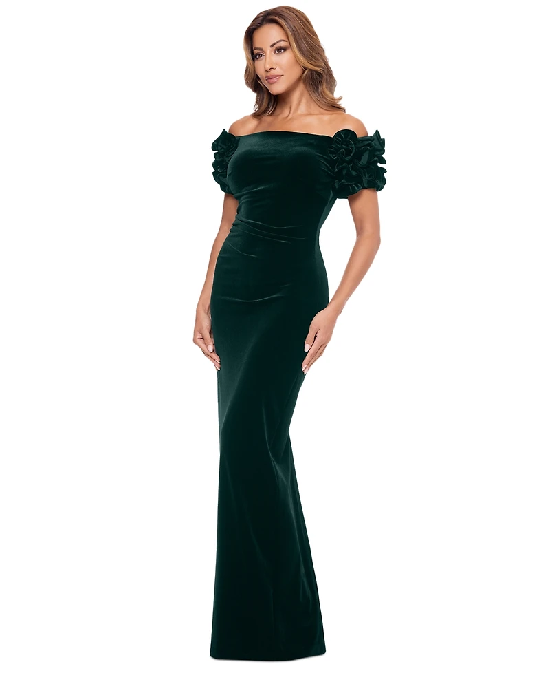 Xscape Women's Off-The-Shoulder Ruffled Velvet Gown