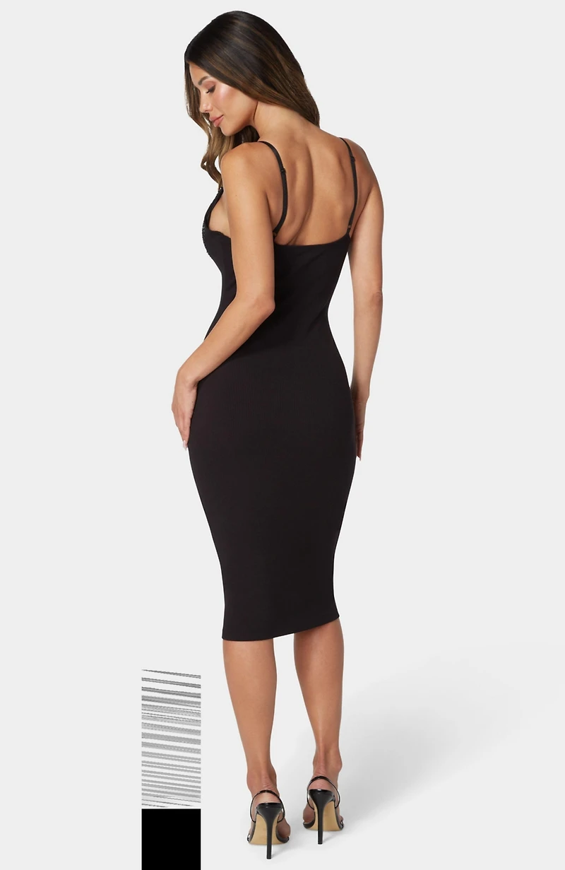 bebe Women's Square Neck Embellished Midi Dress