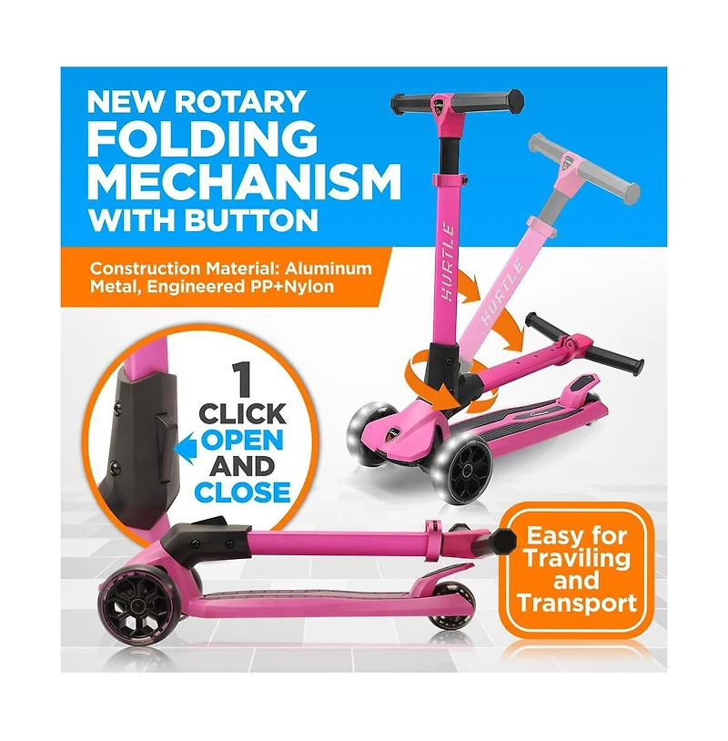 Hurtle 3-Wheel Foldable Kids Scooter - Child Toy Scooter with Built-in Led Wheel Lights, Easy Maneuvering Lean-to-Steer Technology (Pink)