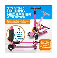 Hurtle 3-Wheel Foldable Kids Scooter - Child Toy Scooter with Built-in Led Wheel Lights, Easy Maneuvering Lean-to-Steer Technology (Pink)