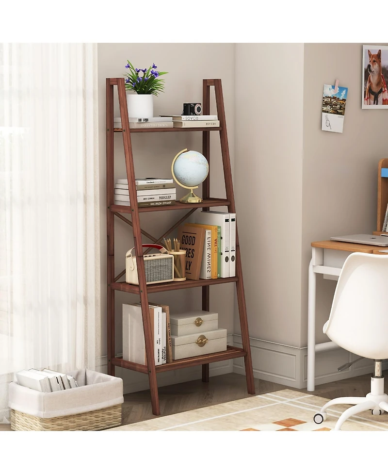 Gymax 4-Tier Bamboo Ladder Bookshelf 58'' Display Shelf Storage Rack Plant Flower Stand