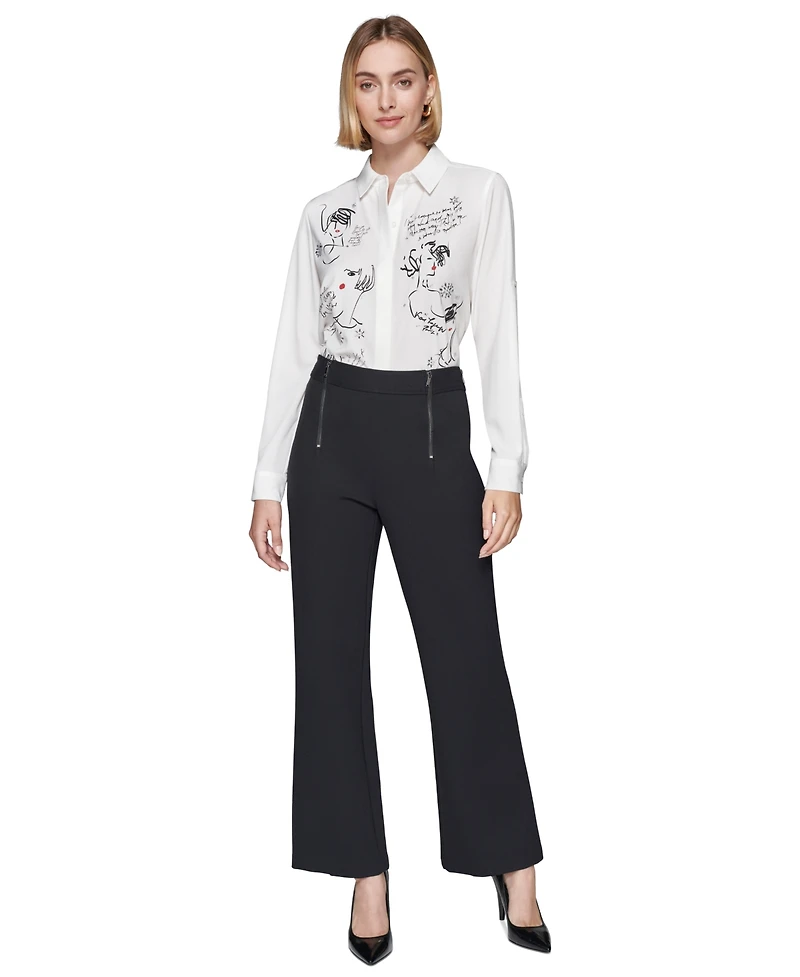 Karl Lagerfeld Paris Faux-Zipper Mid-Rise Straight-Leg Ponte Pants