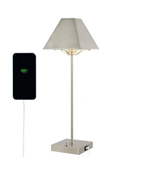 Jonathan Y Ruthen 25" Industrial Style Iron Pyramid Bedside Led Table Lamp with Usb Charging Port, Nickel