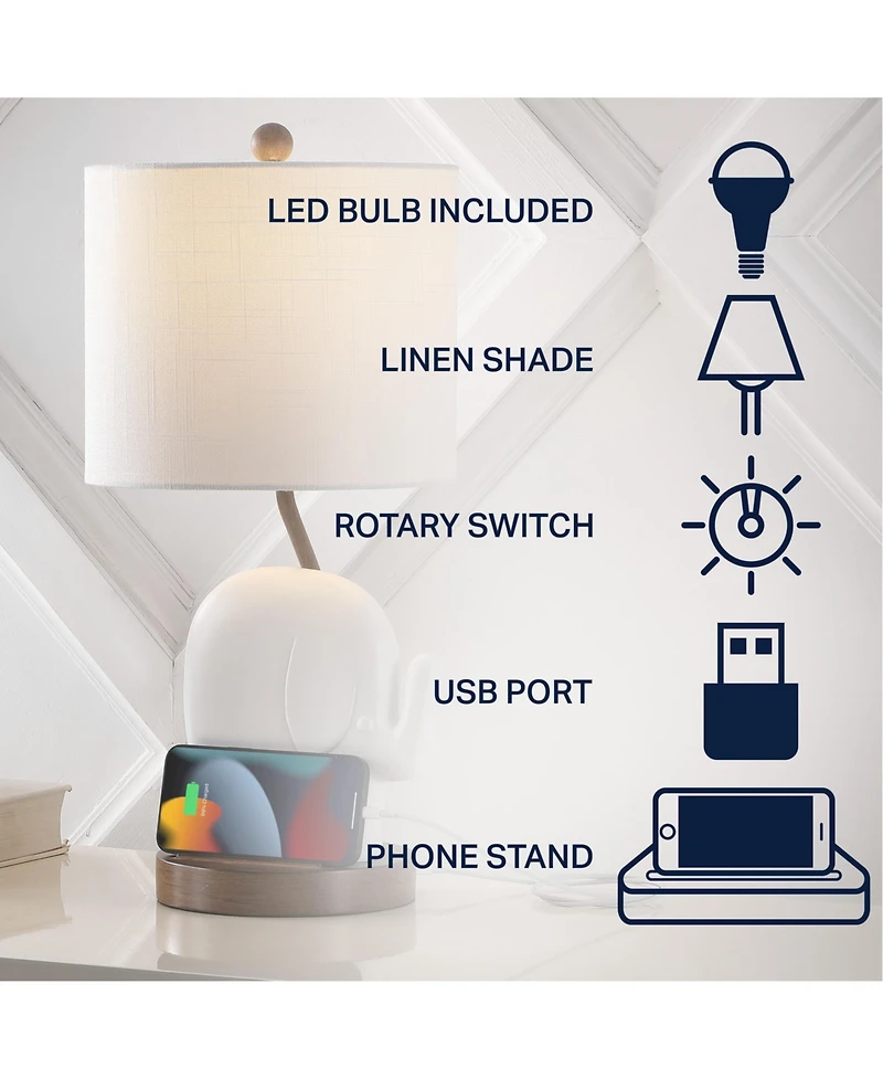 Jonathan Y Ellie 20.25" Bohemian Designer Iron/Resin Elephant Led Kids' Table Lamp with Phone Stand and Usb Charging Port, Pink