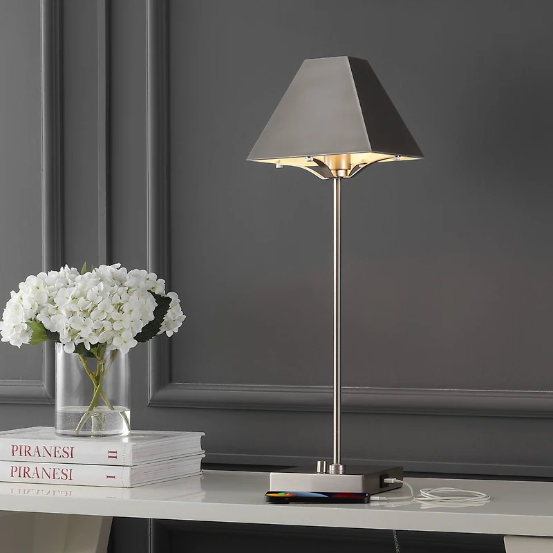 Jonathan Y Ruthen 25" Industrial Style Iron Pyramid Bedside Led Table Lamp with Usb Charging Port, Nickel