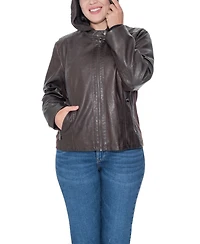 Sebby Collection Plus Size Garment Dyed Faux Leather Zip Front Jacket With Detachable Sweater Knit Hood