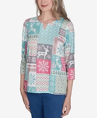 Alfred Dunner Petite Classics Reindeer Patch Work Top