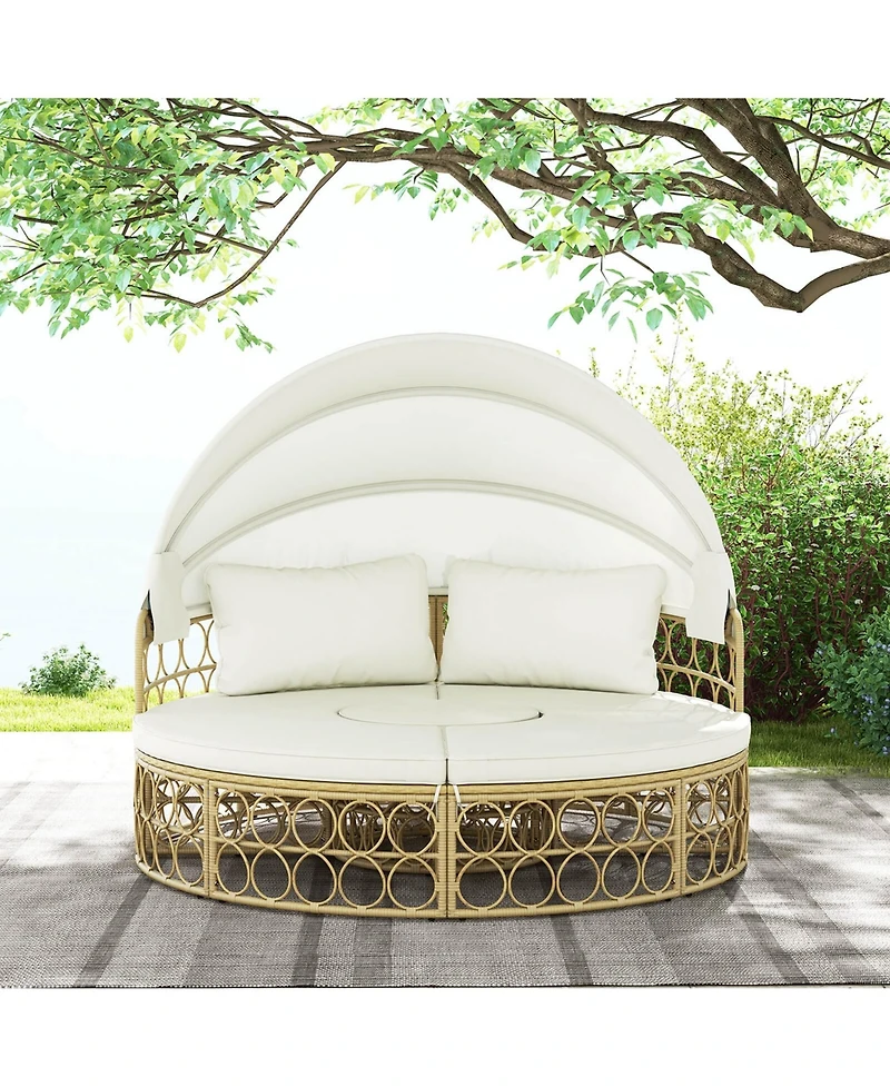 Outdoor Patio Round Daybed with Retractable Canopy Soft Cushions for Garden