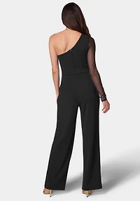 Bebe Women's Long Sleeve Mesh One Shoulder Jumpsuit