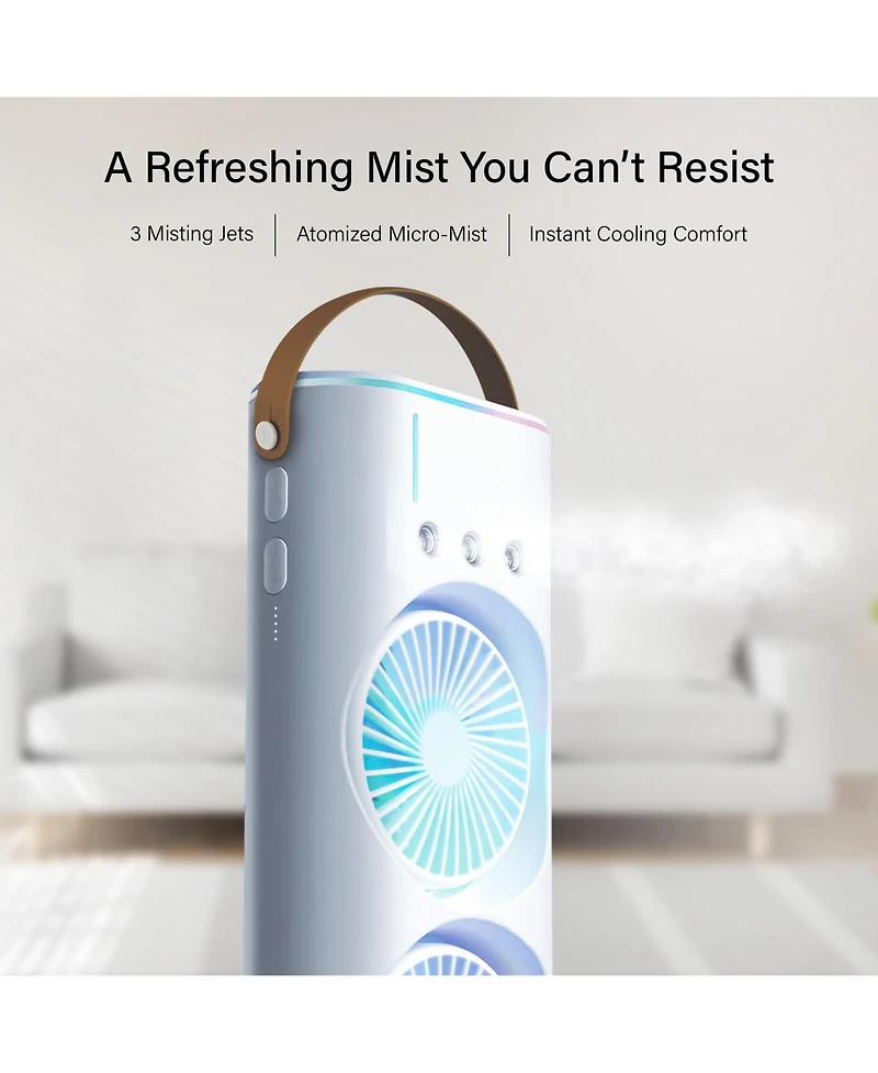 3 Fan Speeds Rechargeable Led Cooling Oscillation Personal Dual Misting Fan in White with Remote