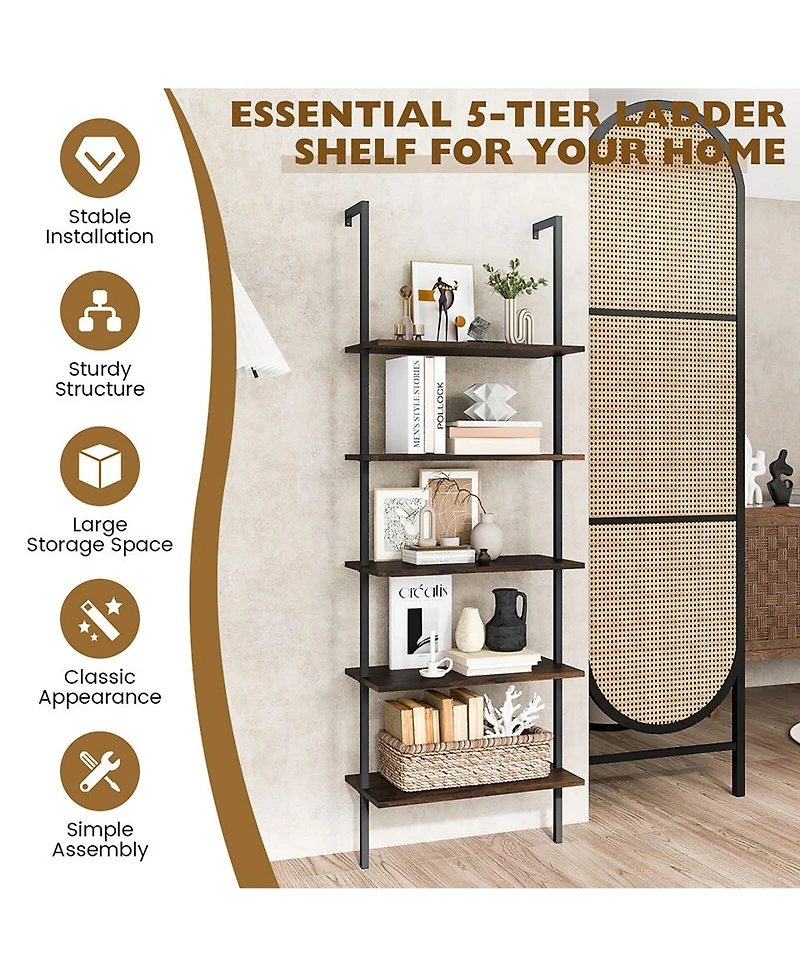 Gymax 5 Tier Ladder Shelf 71'' Height Wall-Mounted Bookshelf Display Storage Organizer