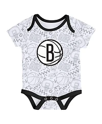 Outerstuff Baby Boys and Girls Black/White/Gray Brooklyn Nets Slam Dunk 3-Piece Bodysuit Set