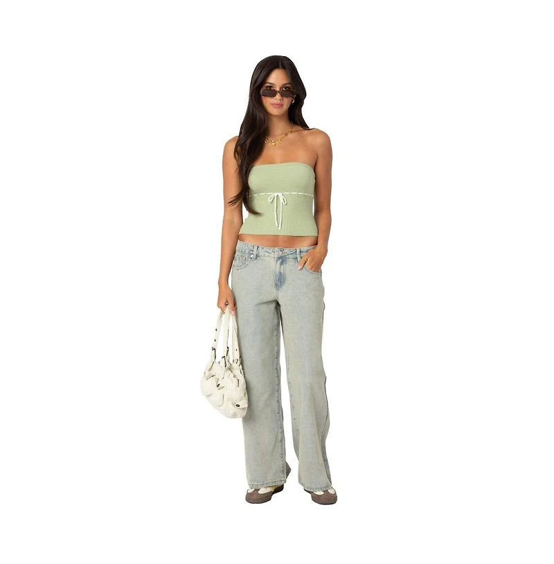 Edikted Womens Petite Magda Low Rise Acid Wash Jeans