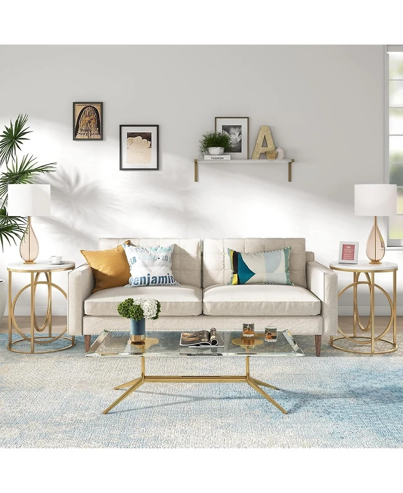 Tribesigns Modern Round End Table with Faux Marble White Top, 20”Sofa Side Table Coffee Table Cocktail Table with Unique Gold O-Shaped Base, Mi