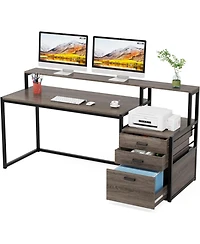 Tribesigns 63 Inch Computer Desk with File Drawer Cabinet, Ergonomic Office Monitor Stand, Table Printer Space, Wood Pc