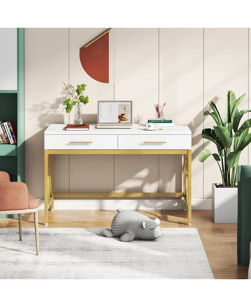 Tribesigns Modern Computer Desk with 2 Drawers, 41 Inches Study Writing Office Desk, Makeup Vanity Table Desk with Gold Metal Frame, White & Gold
