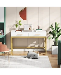 Tribesigns Modern Computer Desk with 2 Drawers, 41 Inches Study Writing Office Desk, Makeup Vanity Table Desk with Gold Metal Frame, White & Gold