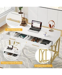 Tribesigns Modern Computer Desk with 2 Drawers, 41 Inches Study Writing Office Desk, Makeup Vanity Table Desk with Gold Metal Frame, White & Gold