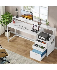 Tribesigns 63 Inch Computer Desk with File Drawer Cabinet, Ergonomic Office Monitor Stand, Table Printer Space, Wood Pc