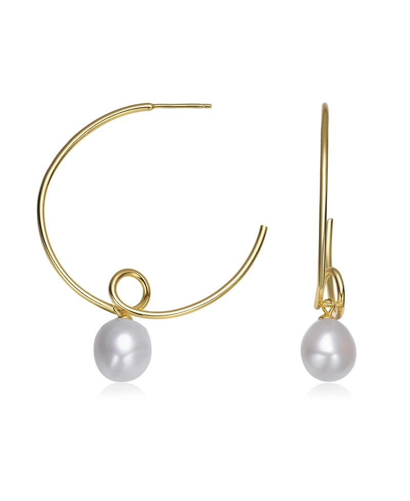 Sterling Silver Gold Plated with Genuine Freshwater Round Pearl Hoop Earrings