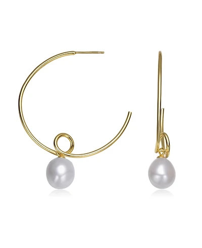 Sterling Silver Gold Plated with Genuine Freshwater Round Pearl Hoop Earrings