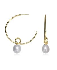 Sterling Silver Gold Plated with Genuine Freshwater Round Pearl Hoop Earrings