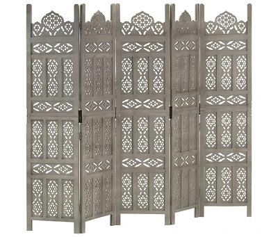 vidaXL Hand carved 5-Panel Room Divider Gray 78.7"x65" Solid Mango Wood