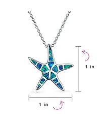 Bling Jewelry Nautical Beach Pendant Blue Inlay Created Opal Starfish Pendant Necklace For Women For Teen .925 Sterling Silver