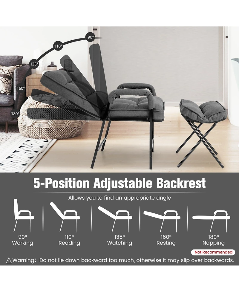 Linen Fabric Modern Accent Chair with Ottoman and Adjustable Backrest-Gray