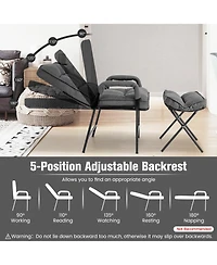 Linen Fabric Modern Accent Chair with Ottoman and Adjustable Backrest-Gray