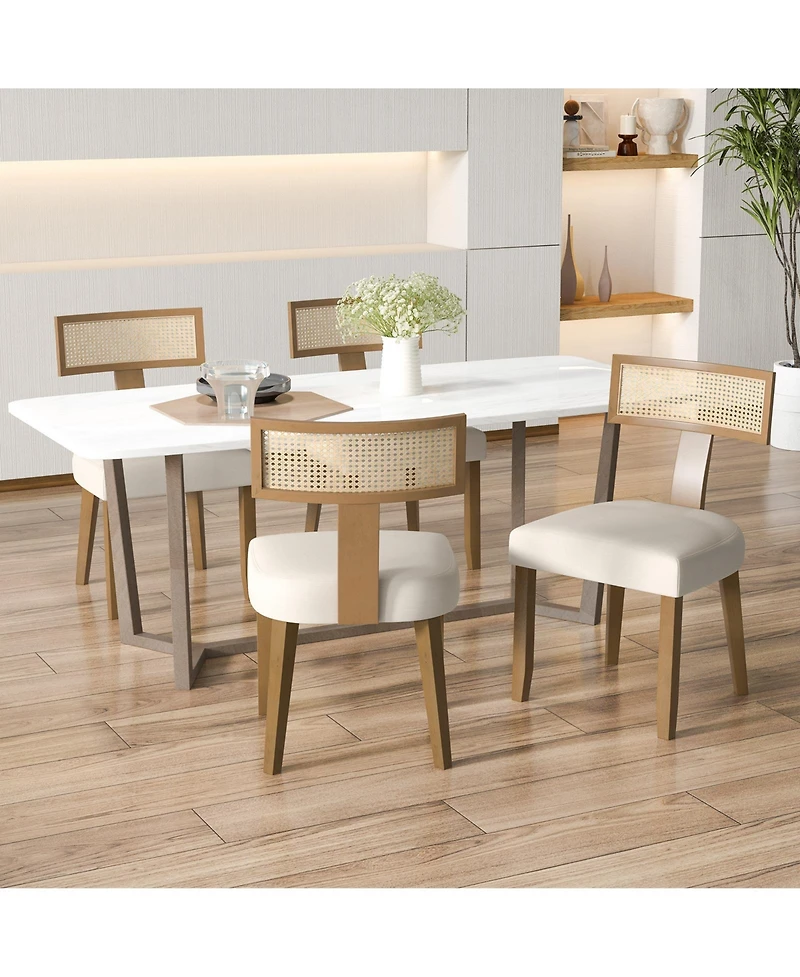 Sugift Set of 2 Linen Fabric Upholstered Accent Dining Chairs with Curved Rattan Backrests-Beige