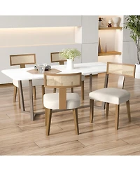 Sugift Set of 2 Linen Fabric Upholstered Accent Dining Chairs with Curved Rattan Backrests-Beige