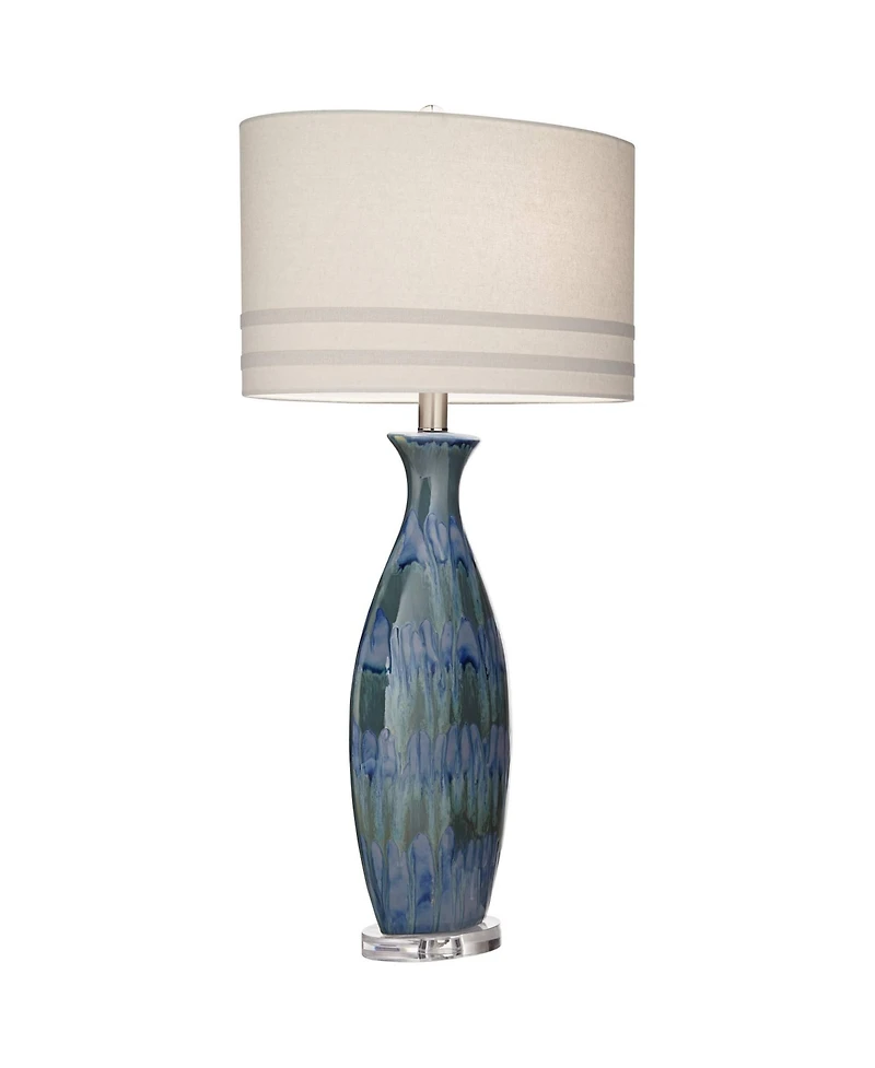 Possini Euro Design Annette Coastal Table Lamp 38" Tall Blue Ceramic Drip Vase with Table Top Dimmer Off White Oval Shade for Bedroom Living Room
