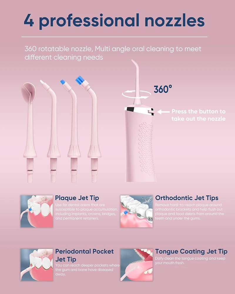 MySmile LP211 Cordless Advanced Water Flossers for Teeth, 5 Cleaning Modes Rechargeable Power Dental Flosser 8 Replacement Jet Tips Ipx 7 Waterproof D